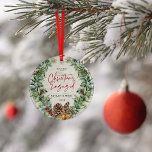 Our First Christmas Engaged Winter Wreath Photo Ceramic Tree Decoration<br><div class="desc">Celebrate your First Christmas Engaged with this beautiful festive holiday design ornament. It features a watercolor holiday wreath comprised of snow berries, pine cones and sprigs, red berries and faux bronze bells, on a natural looking faux birch bark background. "Christmas" and "Engaged" are printed in festive red hand lettered script...</div>