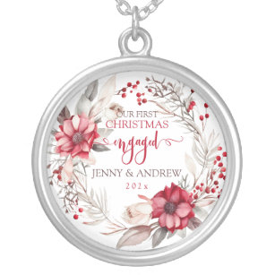 Our first Christmas Engaged wreath Silver Plated Necklace