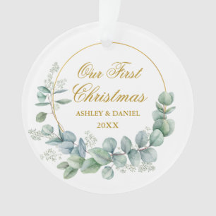 Our First Christmas Eucalyptus Leaves Gold PHOTO Ornament