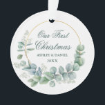 Our First Christmas Eucalyptus Leaves Green Ornament<br><div class="desc">Modern Elegant Our First Christmas Watercolor Eucalyptus Leaves Greenery,  Gold Circle Ornament - Green Script</div>