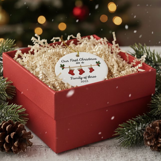 Our First Christmas—Family of Three Stockings 2025 Ceramic Tree Decoration (Creator Uploaded)