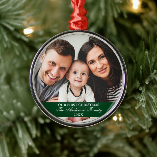 Our First Christmas Family Photo Green Metal Tree Decoration (Tree)