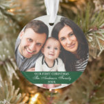 Our First Christmas Family Photo Green Ornament<br><div class="desc">Elegant Script Our First Christmas Family Photo Green Ornament with Snowflakes back</div>