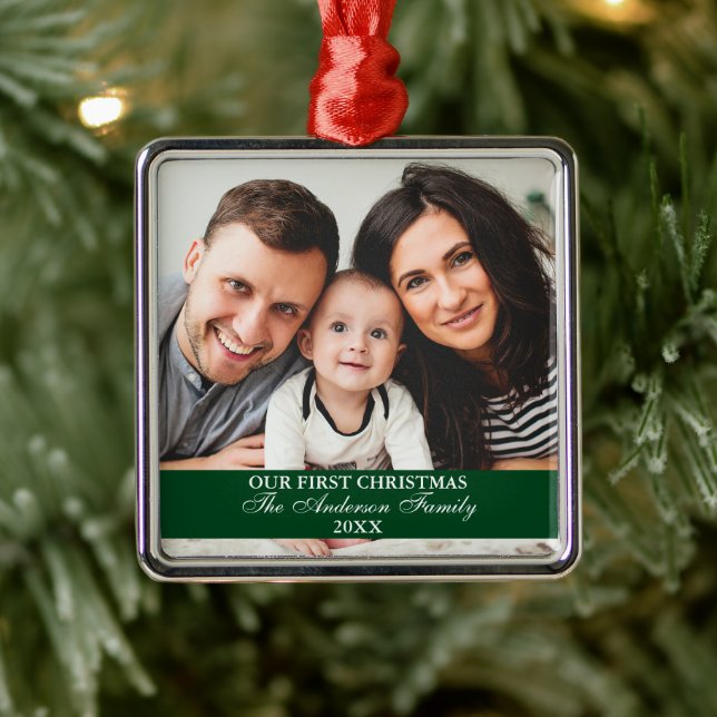 Our First Christmas Family Photo Green Square Metal Tree Decoration (Tree)