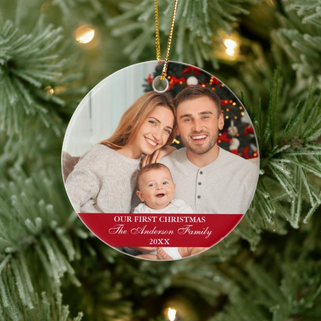 Our First Christmas Family Photo Red Ceramic Tree Decoration (Tree)