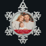 Our First Christmas Family Photo Red Snowflake Pewter Christmas Ornament<br><div class="desc">Elegant Script Our First Christmas Family Photo Red Snowflake Ornament</div>