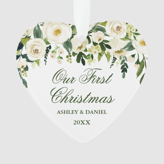 Our First Christmas Floral PHOTO Back Heart Green Ornament (Front)