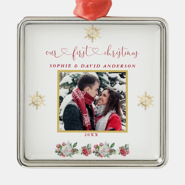 Our First Christmas Floral Snowflake Photo Wedding Metal Tree Decoration (Front)