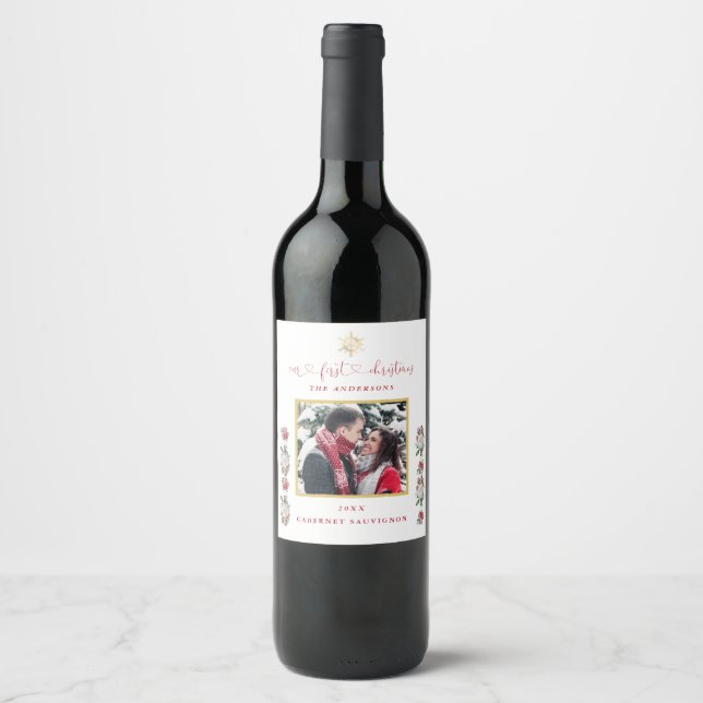 Our First Christmas Floral Snowflake Photo Wedding Wine Label (Front)