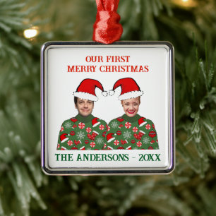 Our First Christmas Funny Photo Ugly Sweater Metal Tree Decoration
