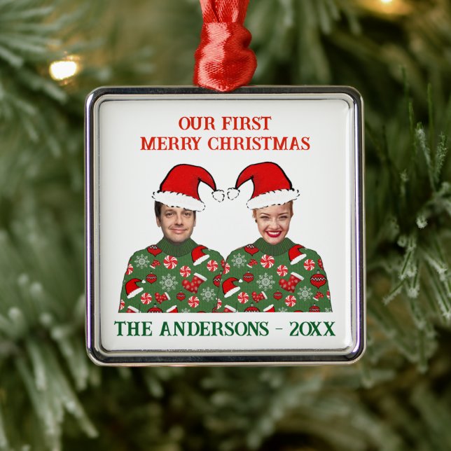 Our First Christmas Funny Photo Ugly Sweater Metal Tree Decoration (Tree)