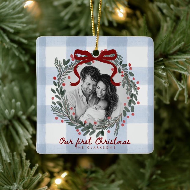 Our First Christmas Gingham Wreath Photo Ornament (Tree)