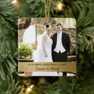 Our First Christmas, Gold Wedding Photo Keepsake Ceramic Ornament