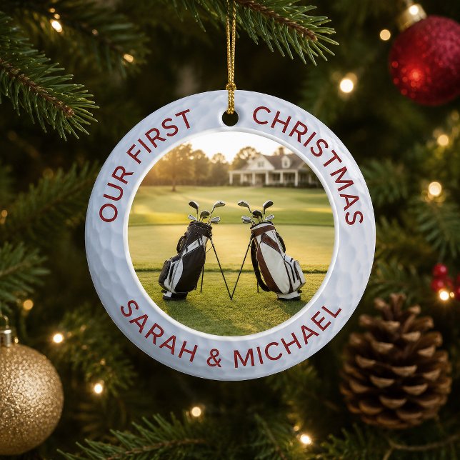 Our First Christmas Golf Couple Keepsake Ornament (Celebrate your first Christmas together with a keepsake for a couple who loves golf. Add your photo)