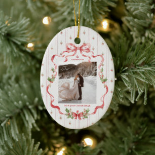 Our First Christmas Grandmillennial Bow Photo Ceramic Tree Decoration