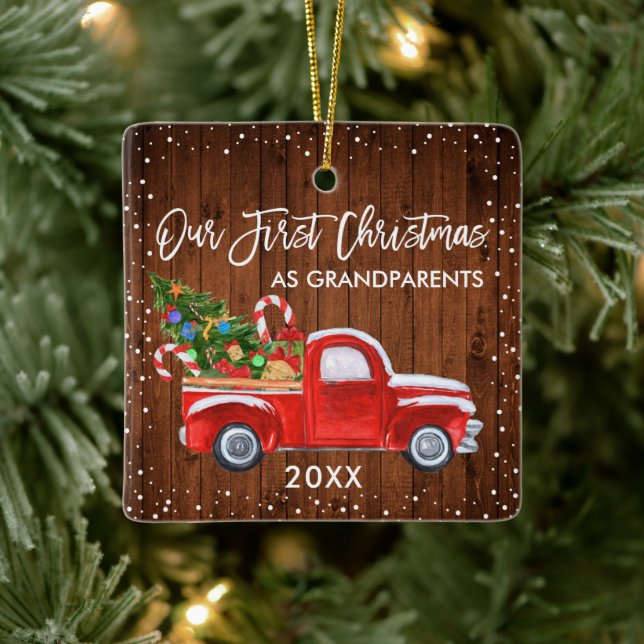 Our First Christmas Grandparents Truck Wood Snow Ceramic Ornament (Tree)