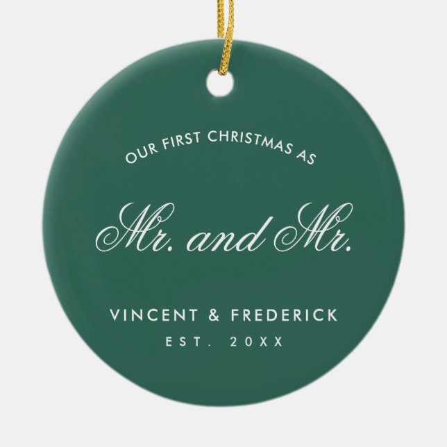 Our First Christmas Green Gay Newlywed Photo Ceramic Tree Decoration (Front)