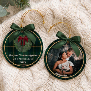 Our First Christmas Green Plaid Photo Ceramic Tree Decoration