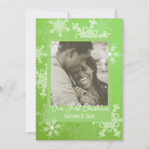 Our First Christmas Green Snowflakes Minimalist Holiday Card