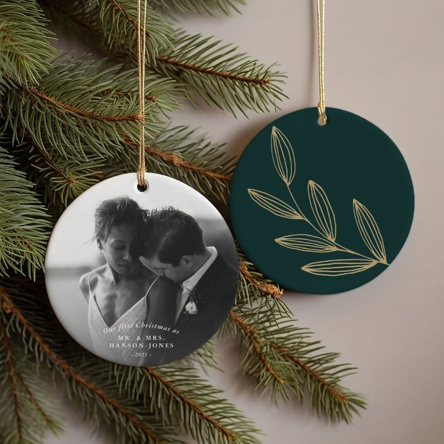 Our First Christmas Green Sprout Ceramic Ornament (Our first Christmas couples photo ornament featuring a hand-drawn botanical sprout on green.)