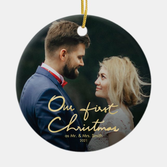 Our First Christmas | Hand-Lettered Christmas Ceramic Tree Decoration (Front)