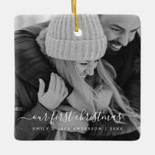 Our First Christmas Hand Lettered Photo Ceramic Ornament