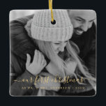 Our First Christmas Hand Lettered Photo Ceramic Ornament<br><div class="desc">Our First as Mr. and Mrs. Christmas Gold Hand Lettered Black and White Photo Template Ornament with your name and picture makes a perfect Personalised Christmas Gift for newlyweds after their wedding. This modern and elegant photo Christmas ornament makes a great gift for a grandma,  grandpa,  mum or dad.</div>