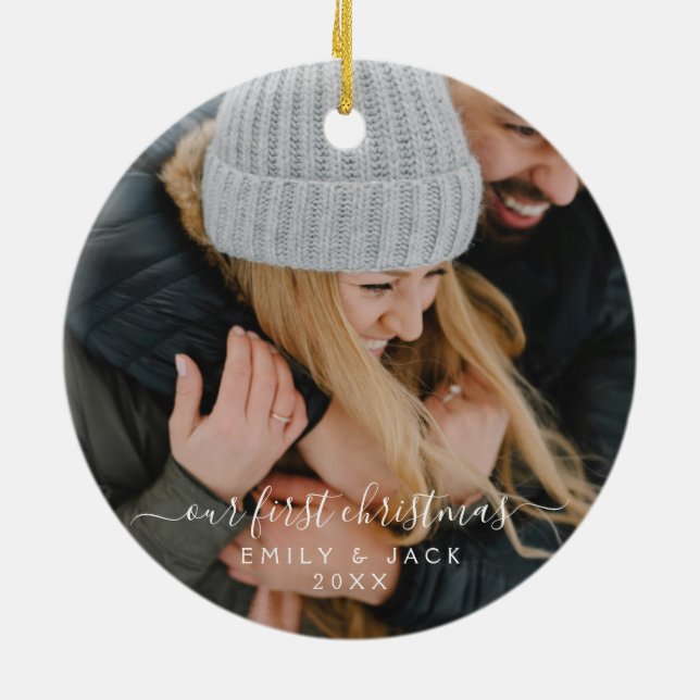 Our First Christmas Hand Lettered Photo Ceramic Tree Decoration (Back)