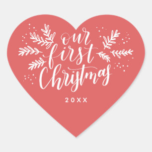 Our First Christmas Hand-lettered Red with Year Heart Sticker
