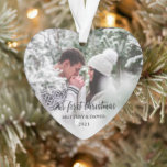 Our First Christmas Heart Couple Photo Ornament<br><div class="desc">Elegant Calligraphy Script Our First Christmas Couple Photo Heart Ornament</div>