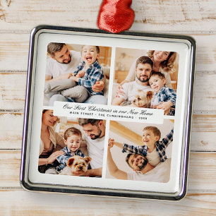 Our First Christmas In Our New Home Modern 4 Photo Metal Tree Decoration