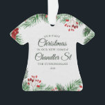 Our First Christmas in our New Home Watercolor Ornament<br><div class="desc">Our First Christmas  in <add name="" of="" your="" street=""> Street in classic and simple serif  and cursive script typography on a modern simple background of watercolor foliage botanicals</add></div>