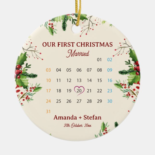 Our First Christmas Keepsake Married  Calendar Ceramic Tree Decoration (Front)