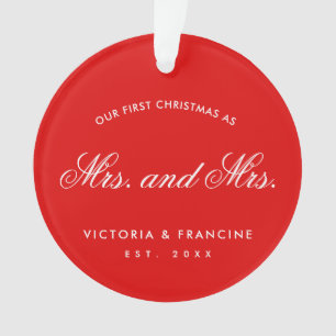 Our First Christmas Lesbian Newlywed Photo Red Ornament