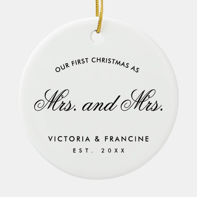 Our First Christmas Lesbian Newlywed Photo White Ceramic Tree Decoration (Front)