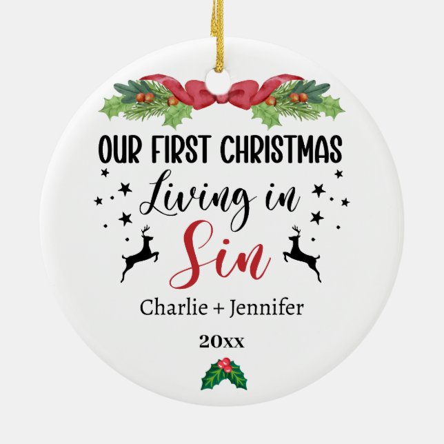 Our First Christmas Living in Sin Funny Couple Ceramic Tree Decoration (Back)
