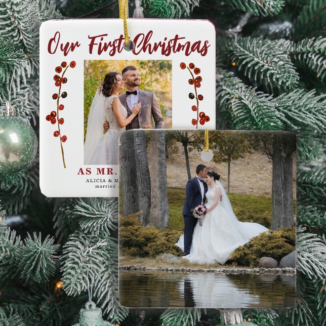 Our first Christmas married 2 photo modern Ceramic Ornament (Creator Uploaded)
