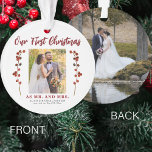 Our first Christmas married 2 photo modern Ornament<br><div class="desc">First Christmas as Mr. and Mrs. married couple's unique keepsake tree ornament with red berries branches,  your custom photo,  and red modern typography script text.           Can be a beautiful gift for newlyweds.</div>