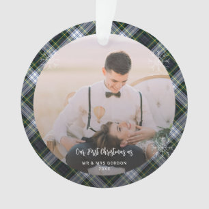 Our First Christmas Married 2 Photos Plaid Tartan Ornament