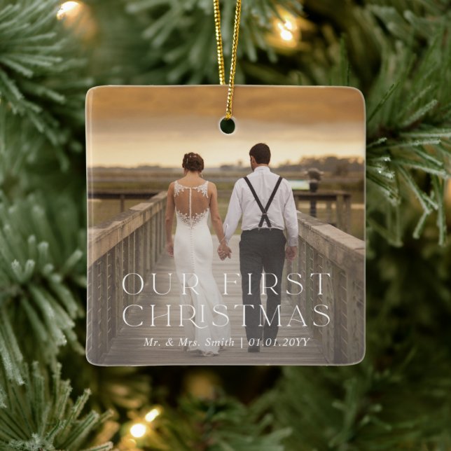 Our First Christmas Married Chic Photo Ceramic Ornament (Tree)