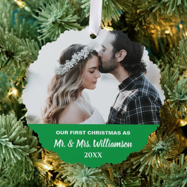Our First Christmas Married Couple Custom Photo Tree Decoration Card (Insitu (Tree))