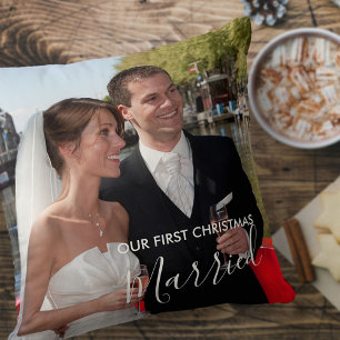Our First Christmas Married Custom 2 Photo Cushion