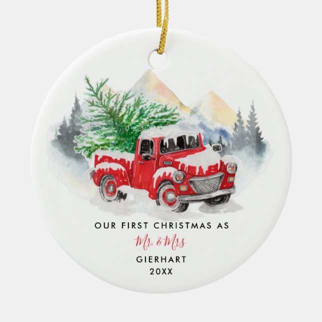 Our First Christmas Married Custom Name Script Ceramic Tree Decoration (Front)