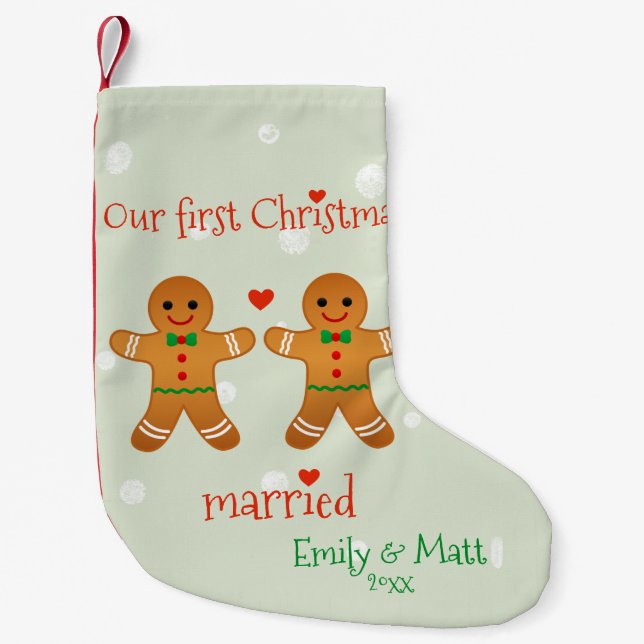 Our First Christmas Married - Cute Gingerbread Men Small Christmas Stocking (Front)