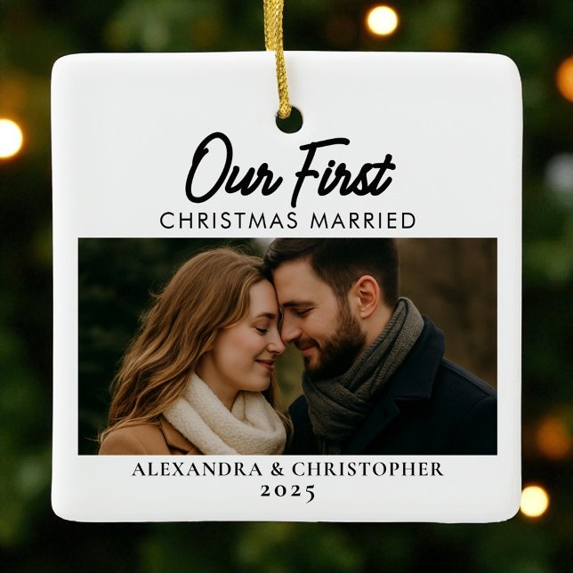 Our First Christmas Married Elegant Minimal Photo  Ceramic Ornament (Creator Uploaded)