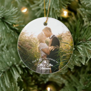 Our First Christmas Married Elegant Script Photo Ceramic Tree Decoration