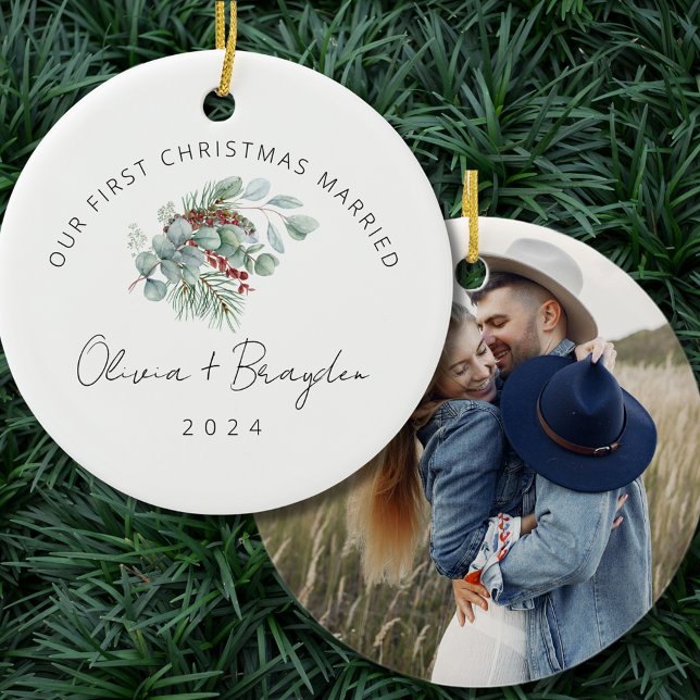 Our First Christmas Married Eucalyptus Photo Ceramic Tree Decoration (Creator Uploaded)