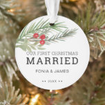 Our First Christmas Married Greenery Ornament<br><div class="desc">Did you get married this year? Add a memory to your tree with this acrylic ornament with watercolor greenery red berries, "Our First Christmas Married." Use the template to add your name and year of your wedding. The backside has your favourite photo. This ornament also makes a great gift to...</div>