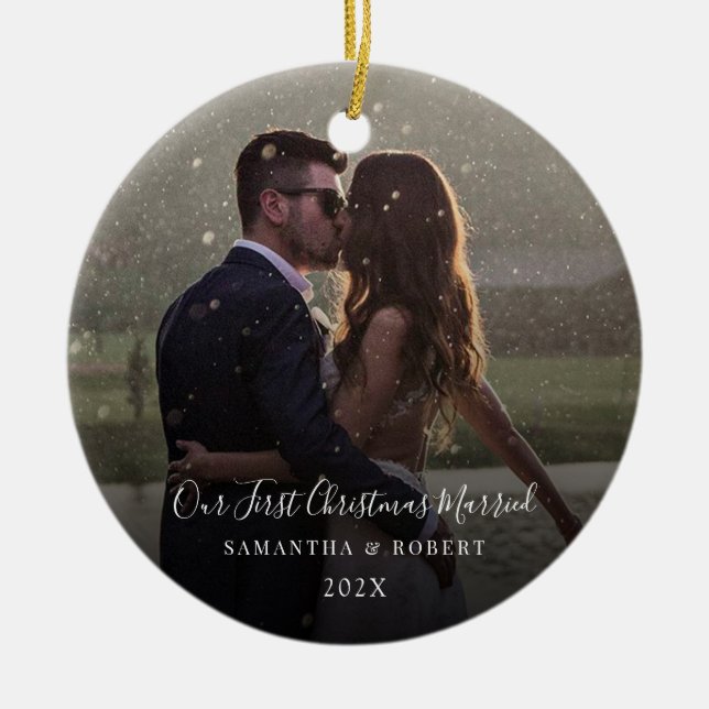 Our First Christmas Married Keepsake Photo Ceramic Tree Decoration (Front)