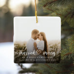 Our First Christmas Married & Merry Photo Ceramic Ornament<br><div class="desc">This married and merry photo christmas ornament will be the perfect keepsake to celebrate your first christmas as a married couple.  The design is printed on the front and back of the ornament and the text can be customised with any wording of your choice.</div>